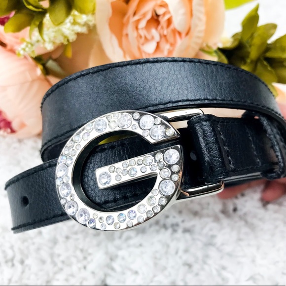 Guess Accessories - Guess Rhinestone Buckle Black Leather Belt | M